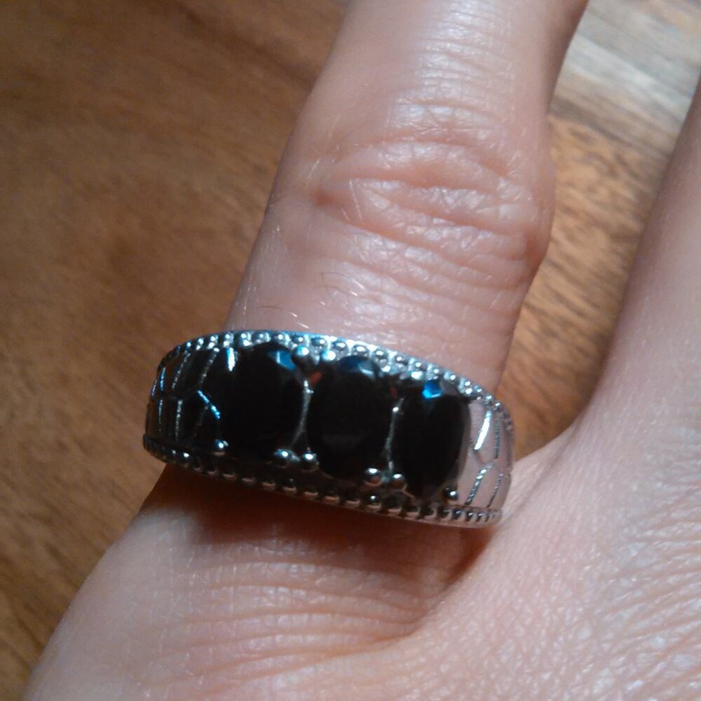 Thai Black Spinel Three Stone Stainless Steel Ring (Size 6)